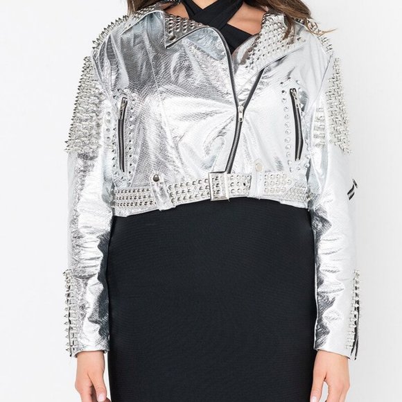 PLUS AZALEA WANG SILVER STUDDED OUT  CROP MOTO - Picture 6 of 9